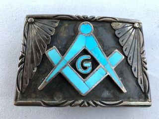 Native Masonic Sterling Silver & Turquoise Vintage Belt Buckle Signed.