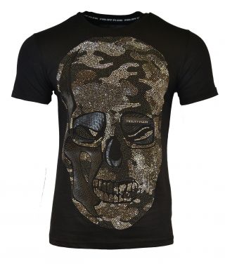 Philipp Plein " Bla Bla " T - Shirt Black Camo Skull Embossed Leather Rare