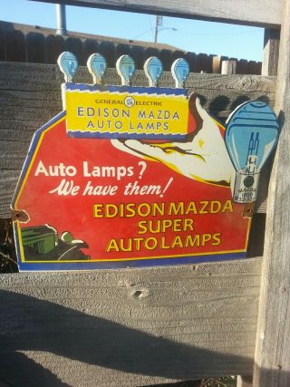 Vintage General Electric Edison Mazda Auto Lamps Lights Bulbs Porcelain Sign