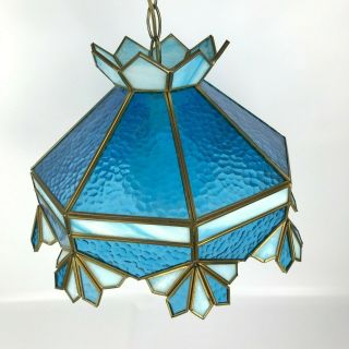 Vintage Stained Glass Hanging Light Fixture Blue,  White & Brass 15 "
