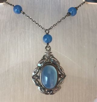 Vintage Silver Blue Chalcedony Agate Arts And Crafts Pendant Necklace