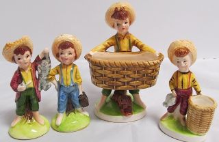 Vintage Enesco Huck Finn Kitchen Helper Set - Salt Pepper Shakers Toothpick Holder