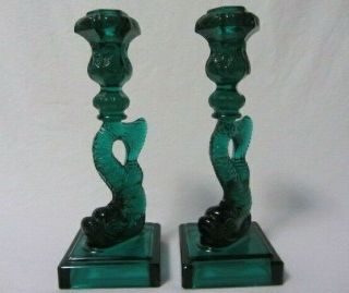 Vintage Imperial Glass Mma Koi Fish Dark Green 10 - 3/4 " Candle Holders Sticks