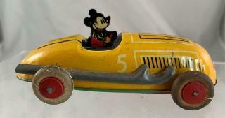 Vtg Tin Disney Mickey Mouse Driving A Race Car J Schneider Orig Rubber Tires Wow