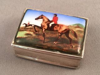 Solid Silver & Enamel Pill Box With Horse Scene,  Lond 1999