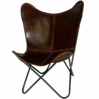 Statement Vintage Brown Aged Leather Butterfly Chair Retro Metal Industrial Seat