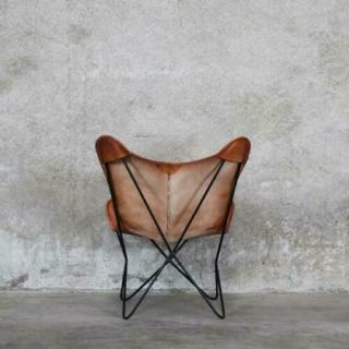 Statement Vintage Brown Aged Leather Butterfly Chair Retro Metal Industrial Seat 2