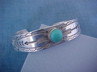 VINTAGE NAVAJO STERLING TURQUOISE CUFF BRACELET DEEPLY STAMPED MEXICO 1960s 2