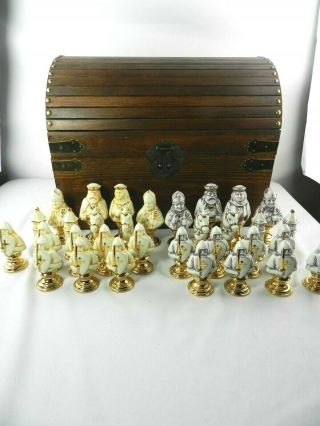 Vintage Hand Painted Ceramic Chess Set With Wood Case