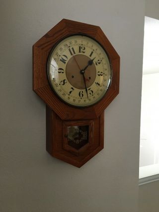Vintage Hamilton 31 Day Oak Wall Clock Pendulum Key Chimes 6 & 12
