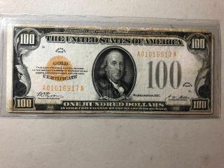 1928 $100 Gold Certificate Banknote - Rare Fr.  2405 High Denomination Gold Note