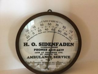 St.  Joseph,  Mo.  Vintage H.  O.  Sidenfaden 9 - 1/4 " Diameter Funeral Home Thermometer