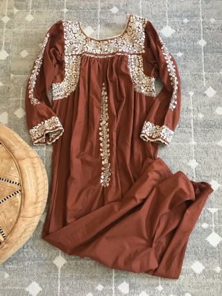 Vintage 70s Mexican Dress Floral Oaxacan Embroidered Festival Wedding Maxi Rust