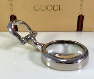 Vintage Gucci Nickel Plated Magnifying Glass Desk Top Collectible Minty