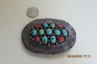 Antique Old Pawn Zuni Sterling Silver Belt Buckle Turquoise Red Coral