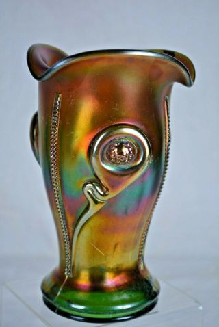 Magnificent Rare Northwood Green Tornado Carnival Glass Vase Fire Nr