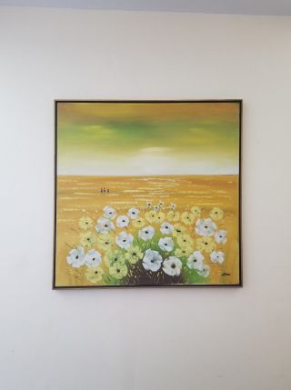 Vintage Mid Century Big Oil Painting Signed Gregg " Field Of Flowers " 37x37
