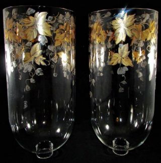 Pair Vintage Hurricane Candle Lamp Sconce Chimney Shades Gold Leaves Handpainted