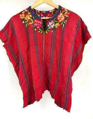 Vtg Mexican Puebla Handmade Red Rose Flower Embroidered Blouse Top (e2)