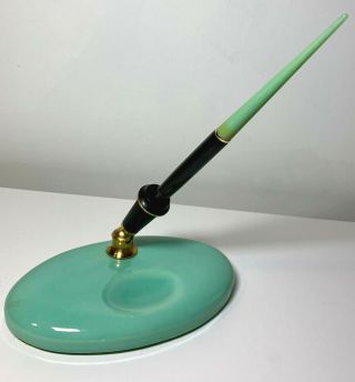 Vtg Parker Lucky Curve Duofold Pen Desk Set Ceramic Oval Teal Green Base