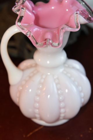 Vintage Cased Pink Clear White Milk Glass Pitcher Vase Melon Beaded Ripple 6.  5 " H