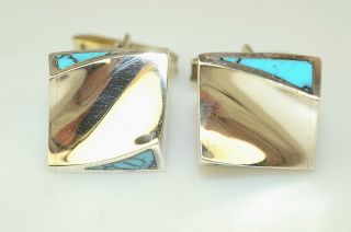 Vtg Mexican Sterling Silver Modernist Concave Square Inlaid Turquoise Cufflinks