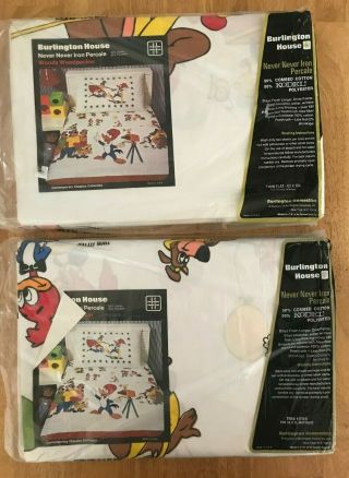 Rare Vtg Burlington House Woody Woodpecker Twin Percale Sheets Flat Fitted