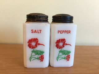 Tipp Usa Milk Glass Range Salt And Pepper Shakers Flowers Vintage Four - Sided