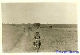 Move Ost Wehrmacht Kradmelder On Motorcycle Leads Column Across Field