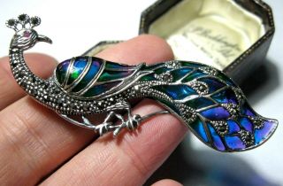 Big Assay Hallmarked Sterling Silver Vintage Style Plique A Jour Peacock Brooch