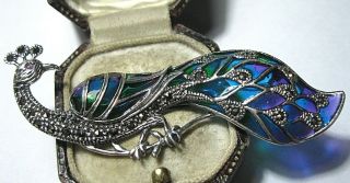 BIG ASSAY HALLMARKED STERLING SILVER VINTAGE STYLE PLIQUE A JOUR PEACOCK BROOCH 2