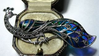 BIG ASSAY HALLMARKED STERLING SILVER VINTAGE STYLE PLIQUE A JOUR PEACOCK BROOCH 3