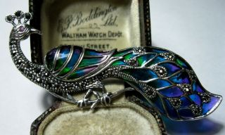 BIG ASSAY HALLMARKED STERLING SILVER VINTAGE STYLE PLIQUE A JOUR PEACOCK BROOCH 6