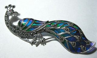 BIG ASSAY HALLMARKED STERLING SILVER VINTAGE STYLE PLIQUE A JOUR PEACOCK BROOCH 7