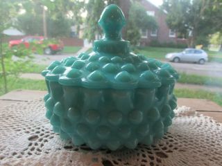 Vintage Fenton Turquoise Hobnail Powder Jar Or Candy Dish - 1950 