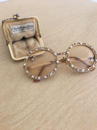 Vintage Christian Dior Sunglasses Rhinestone Jeweled Gold - Tone Frame Orig Case