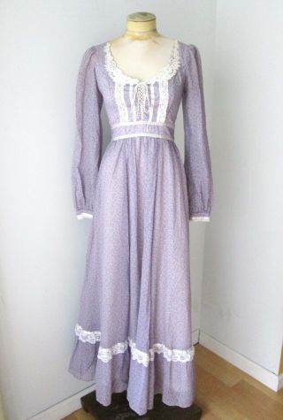 Vtg 70s Gunne Sax Lilac Purple Ditsy Floral Prairie Dress Lace Trim Tie Back M