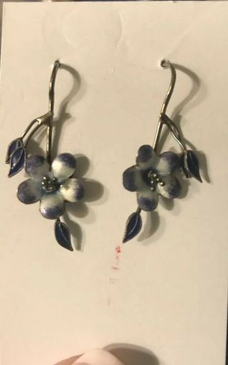 Vintage Sterling Silver Enamel Dangle Hook Flower Earrings