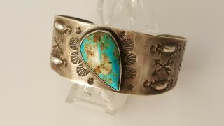 Vintage Navajo Turquoise Sterling Silver Cuff Bracelet Stamped Arrows