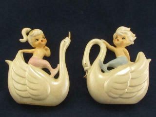 Vintage Norcrest Boy & Girl Mermaid Riding On Swan Wall Plaque Set