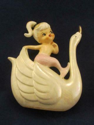 Vintage Norcrest Boy & Girl Mermaid Riding on Swan Wall Plaque Set 2