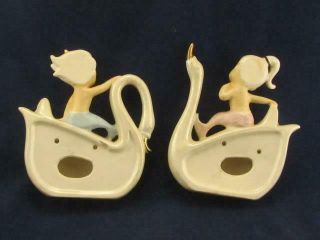 Vintage Norcrest Boy & Girl Mermaid Riding on Swan Wall Plaque Set 6