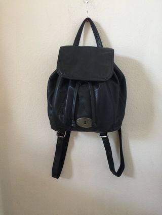 Fossil Black Grain Pebbled Leather Vintage Drawstring Backpack Flap Bag Satchel