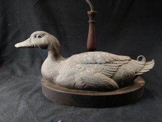 Antique Vintage Cast Metal Decoy Duck Bronze Finish Table Lamp Wood Base