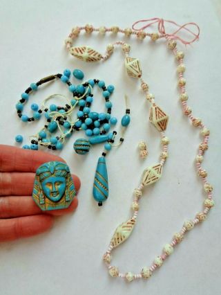 2 Antique Max Neiger Egyptian Revival Pharaoh Art Glass Bead Necklace Repair