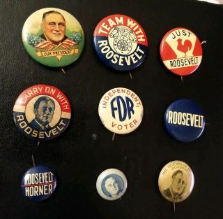 Vintage 9 Presidential Campaign Pinback Pins Buttons Franklin Roosevelt Fdr