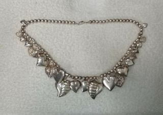 Vintage Mexican Sterling Squash Blossom Style Necklace With 22 Heart Charms