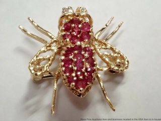 Vintage Mid Century 14k Yellow Gold Natural Ruby Diamond Bee Insect Pin Brooch