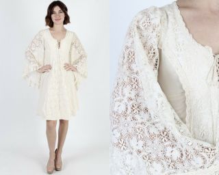Vintage 70s Gunne Sax Dress Kimono Sleeve Floral Crochet Lace Boho Wedding Mini