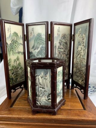 Vintage Chinese Hand Printed Table Screen And Brush Pot